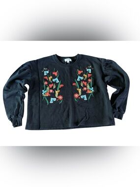Jak & Rae Embroidered Floral Sweatshirt Black Boho Crewneck Size M puff sleeves